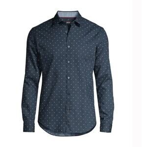 Hugo BOSS Men's Ronni Navy Blue Patterned Slim Fit Button Down Shirt Medium M